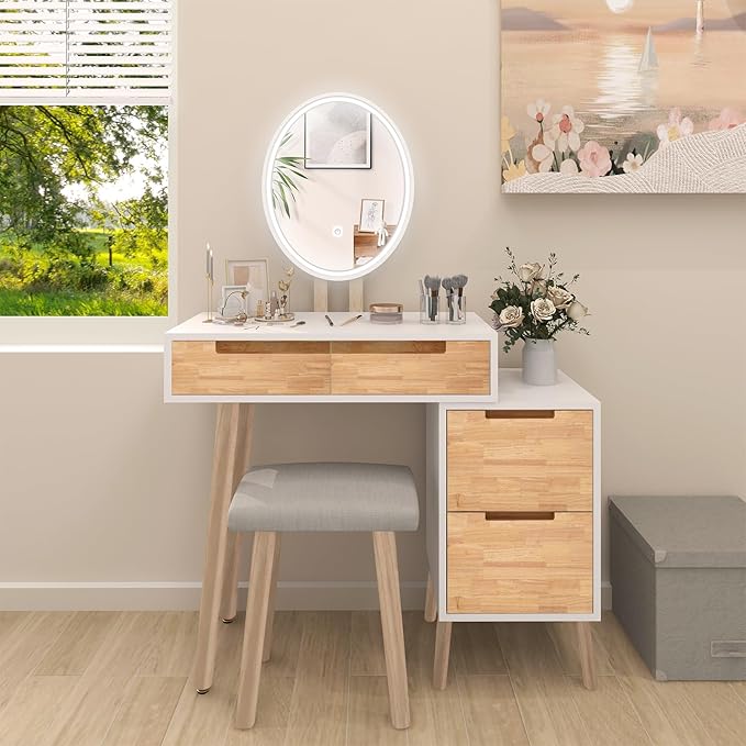 YOURLITE Makeup Vanity Desk with Lights, Small Vanity with 4 Drawers for Small Spaces, Dressing Table Set 3 Colors Adjustable Lighting Brightness Mirror