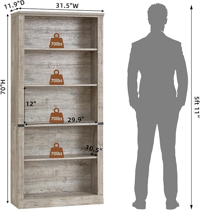 70" Grey Tall Bookshelf Set of 2,5-Tier Thick Wooden Book Shelf with Adjustable Shelves,Free Standing Farmhouse Bookcase with Open Display Storage,Floor Vintage Bookshelves for Living Room