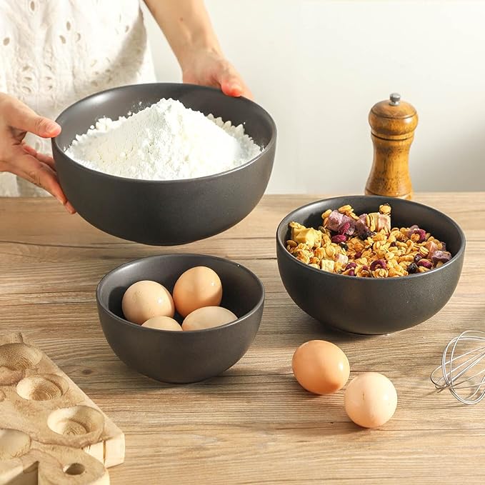 Tikoore Mixing Bowls,Ceramic Bowls for Kitchen,Black Mixing Bowls Set for Baking,Serving,Nesting Bowls for Kitchen Cooking,Salad,Microwave Oven and Dishwasher Safe,24/40/88 oz,Set of 3,Matte Black