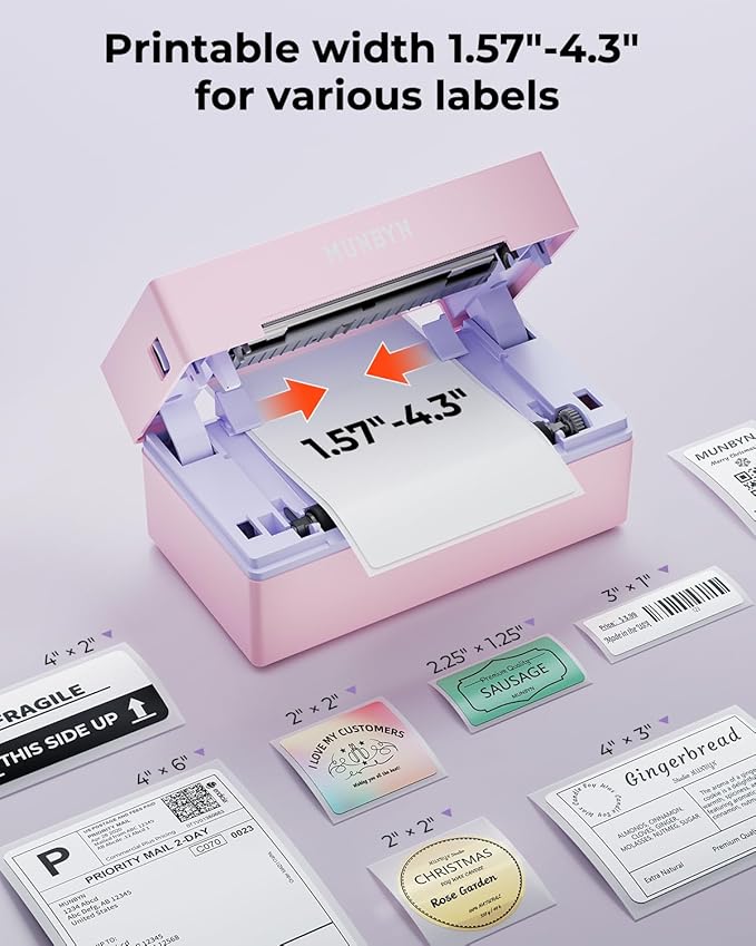 MUNBYN 130B Bluetooth Thermal Label Printer+Thermal Direct Shipping Label (Pack of 500 4x6 Fan-Fold Labels)+Shipping Scale, Accurate 66lb/0.1oz Postal Scale with Sweet Pink Style