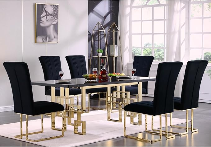 AUZ Dining Chairs Set of 8, Black Velvet Dining Chairs with Polished Gold Sled Legs, Modern Upholstered High Back Chairs for Kitchen and Dining Room