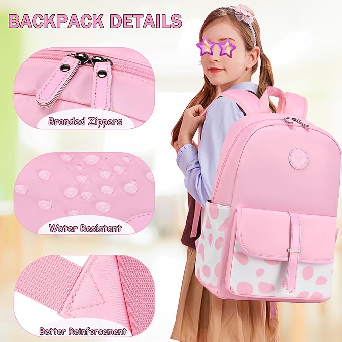 School Backpack for Girls Teens Bookbag with Lunch Box Set Kids Backpack Elementary Middle School Bag Daypack, Pink Cow