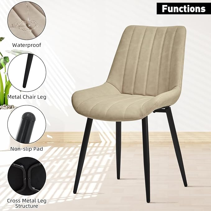 Dining Chairs Set of 6, Faux Leather Modern Linear Design Dining Chair with Metal Legs, 16.9" Seat Width Chair for Kitchen, Lounge, Reception Room, Restaurant, Commercial (Beige)