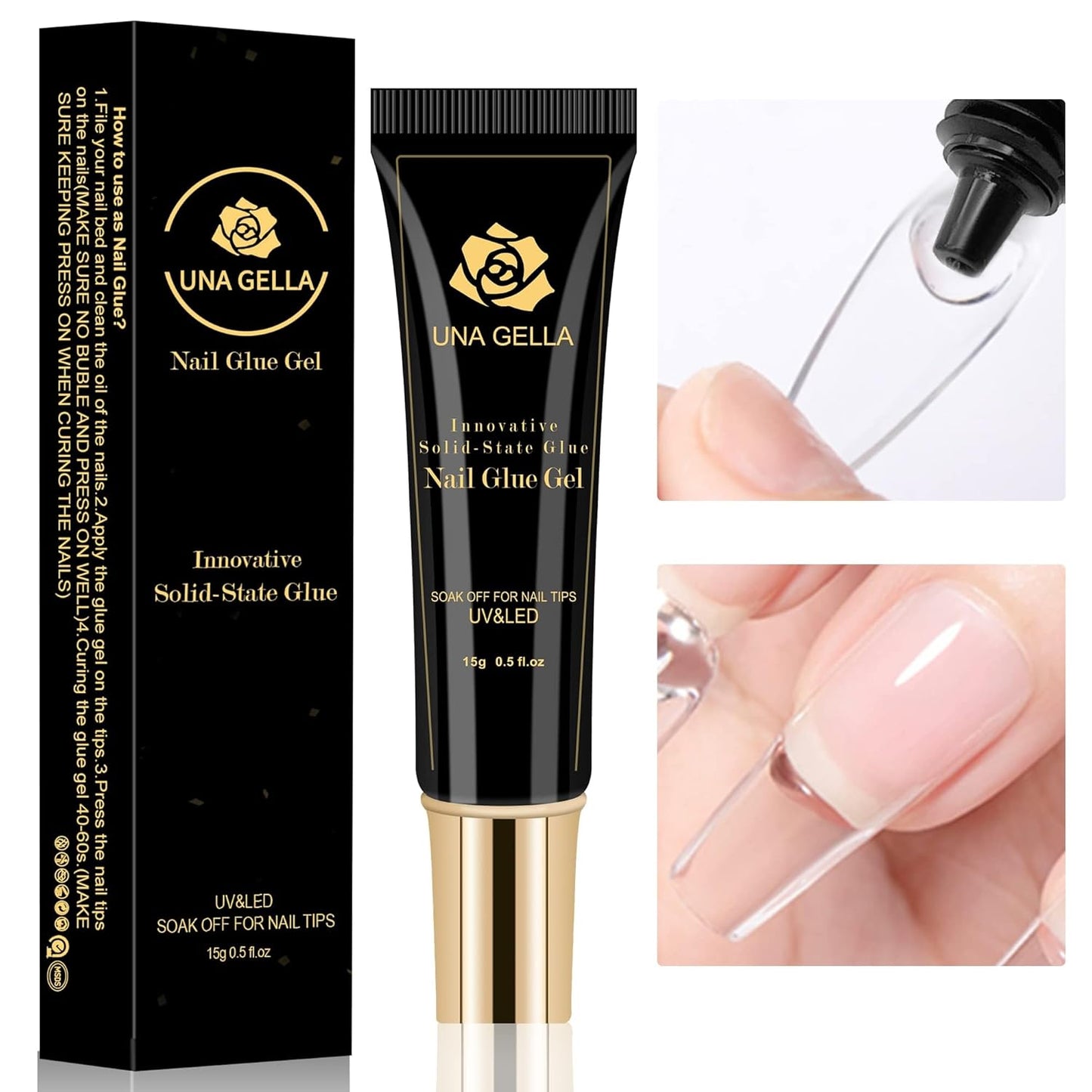 UNA GELLA Solid Nail Glue Gel 15ml Lamp Curing Needed Solid Soak Off U V/LED Lamp Required Super Strong Glue For Fake Acrylic Soft Gel Nail Tips Press On Nails Art Extension
