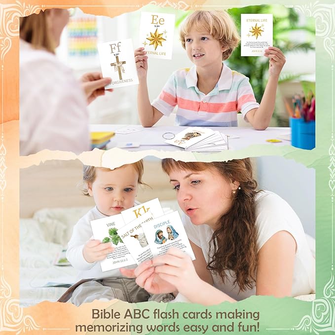 Skyygemm 26 Pcs Bible ABC Flash Cards Christian Bible Verse Alphabet Cards KJV Version Religious Scripture Memory with Stainless Steel Ring for Preschool Sunday School Toys Basket Suffers