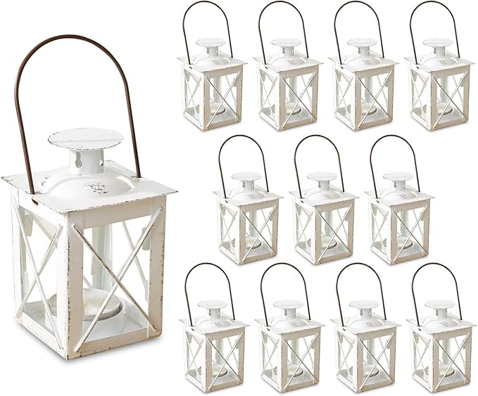 Kate Aspen Decorative Lanterns - Set of 12 - Luminous Distressed Metal Lantern Candle Holders for Wedding, Home Decor and Party - 4.5" H (6.5" H with Handle) – White