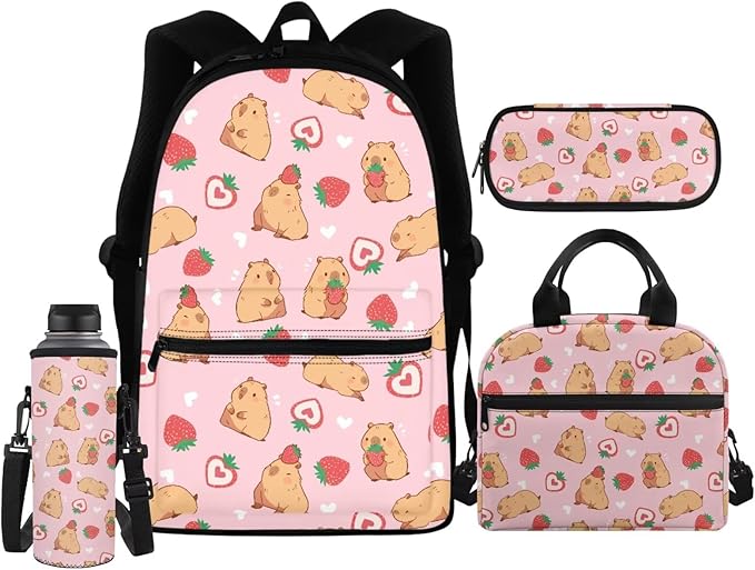 Kids School Bag Set Strawberry Capybara Backpack for Girls Schoolbag Set with Lunchbox Pencil Case Water Bottle Sleeve Elementary Preschool Kindergarten Bookbag 4 IN 1