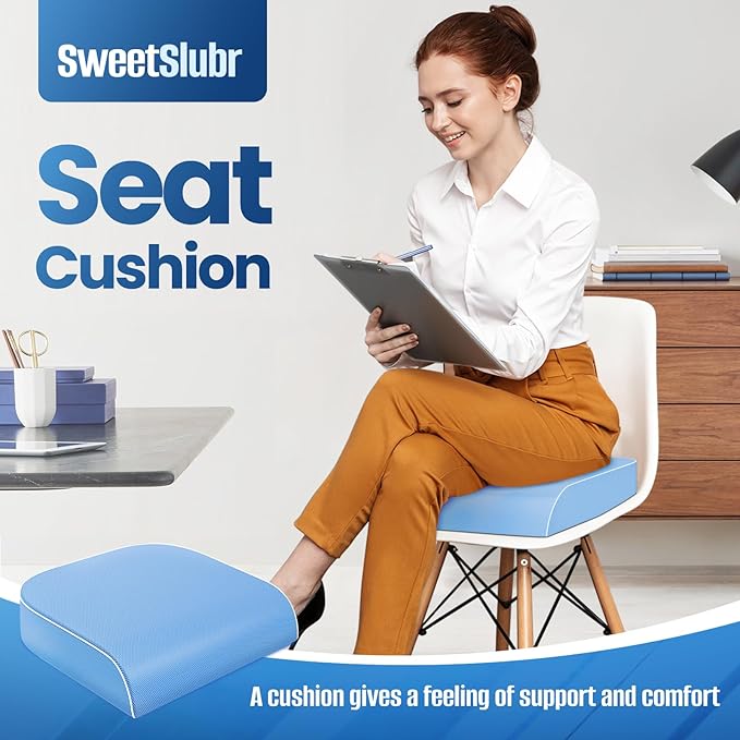 Seat Cushion for Tailbone Pain Relief, Office Chair Cushion, Memory Foam Large Chair Cushion with Non-Slip Cover for Soft Support at Office Chair, Car Seat, Airplane Light Blue/2X-Large