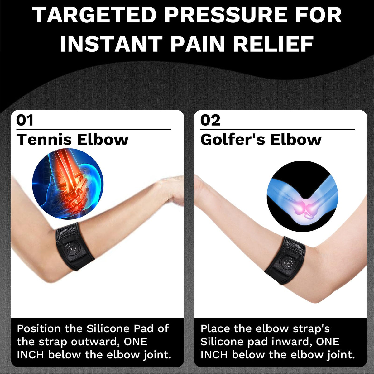 Tennis Elbow Brace for Men & Women, Elbow Brace for Tendonitis and Tennis Elbow and Golfer's Elbow, Adjustable Elbow Strap (Black, One Size Regular)