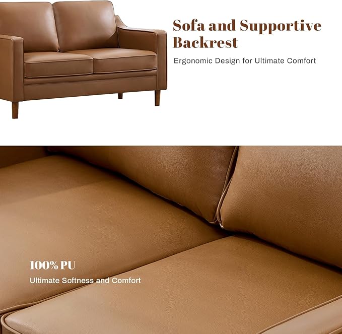 Kingfun Living Room Furniture Sets, 2 Armchair and Loveseat, Mid Century Modern Sofa Set, Faux Leather Couch with Solid Wood Frame for Living Room & Bedroom, Brown