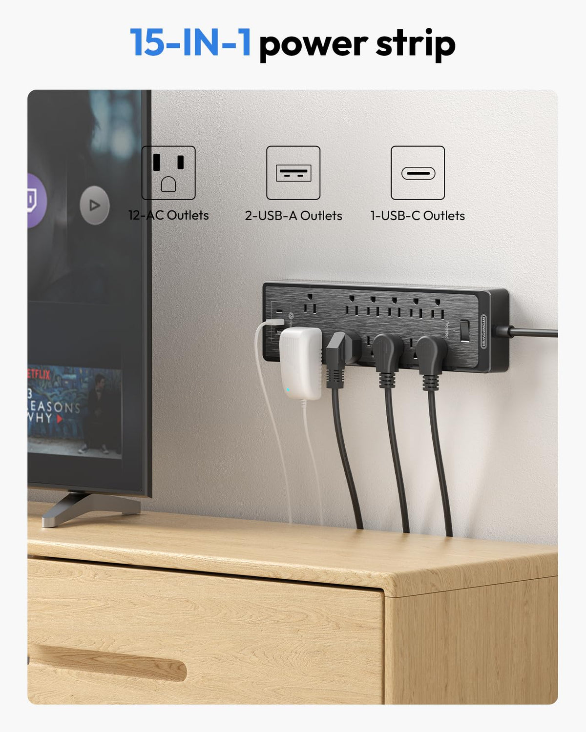 NTONPOWER 25 Ft Extension Cord Flat Plug, 12 Outlets(2 Widely Space) 3 USB with 2100J Power Strip, Overload Protection, 1875W/15A, Wall Mount for Home Office, Workbench or Garage,Black
