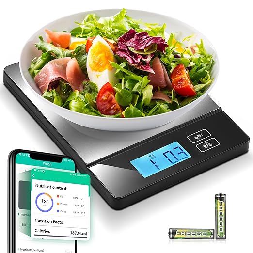 Smart Food Scale with Nutritional Calculator, Digital Kitchen Scale with Bluetooth App for Weight Loss, Food Weight Scale for Diet, Keto, Macro, Calories Counting, Tracking, Stainless Steel