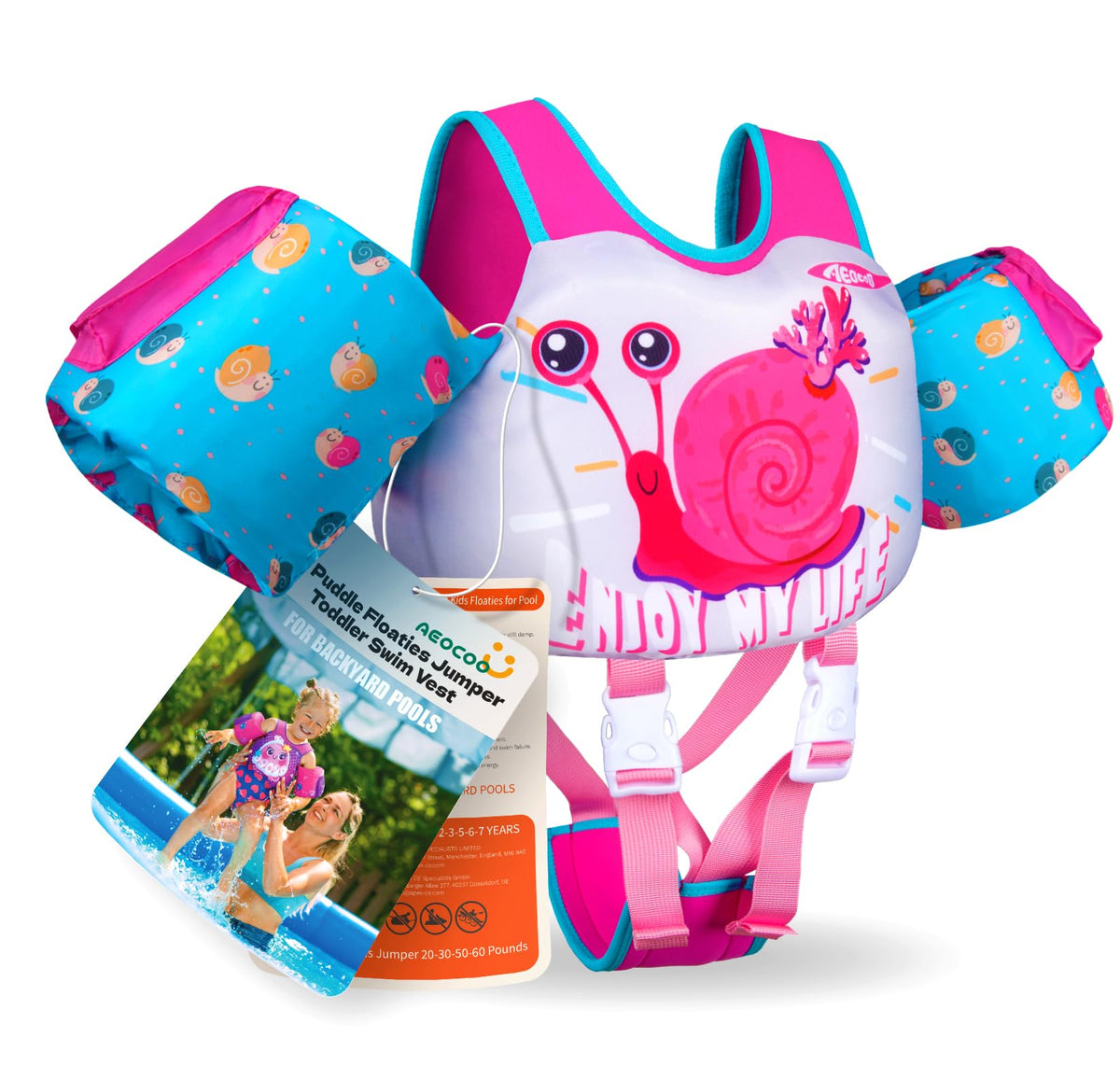 Toddler Swim Vest for 2-7Y, 20-50 lbs, Kids Floaties with Shoulder Harness & Adjustable Crotch Strap & Arm Water Wings for Boys and Girls, Snail
