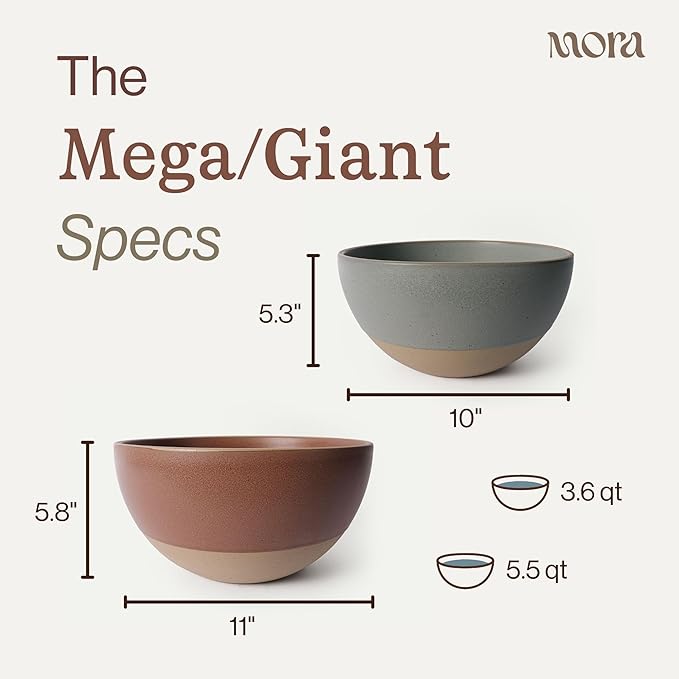 MORA Mega and Giant Bowls Set of 2, 5.5 and 3.5 Qt Ceramic Pottery Mixing Bowls - Microwave and Dishwasher Safe - Terracotta & Peppercorn
