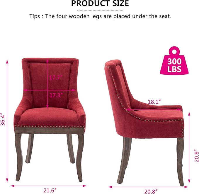 Farmhouse Dining Chairs Set of 2, Upholstered Fabric Dining Room Accent Chairs with Wood Legs & Bronze Nailhead, High Wingback Kitchen Chairs for Living Room Hotel Apartment, Burgundy