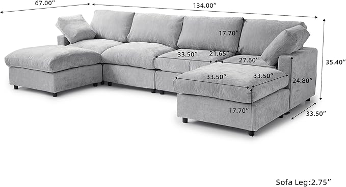 JACH U Shape Sectional Couches for Living Room, Modular Sofa with Chaise Ottomans, Cloud Sectional Couch, Sofa Covers Washable, Minimalist Couch for Living Room, Apartment, Light Grey
