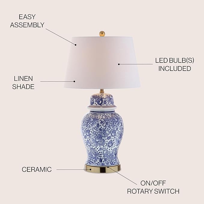 JONATHAN Y 29.5" Blue/White Ceramic Table Lamp for Living Room and Office, White Linen Drum Shade, Traditional Chinoiserie Ginger Jar Lamp, LED Bulb Included JYL3008A