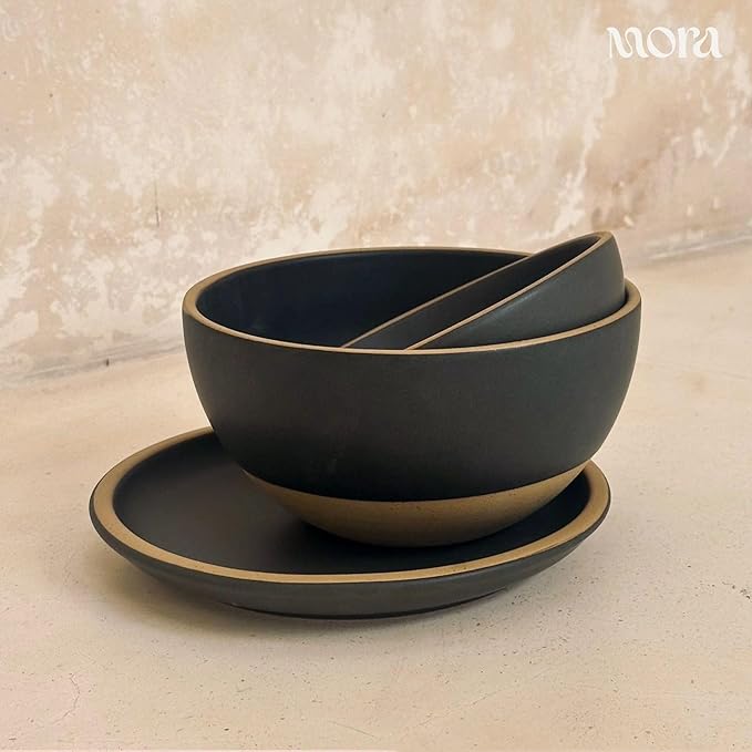 MORA Mega and Giant Bowls Set of 2, 5.5 and 3.5 Qt Ceramic Pottery Mixing Bowls - Microwave and Dishwasher Safe - Liquorice
