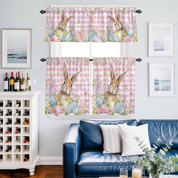 Kitchen Curtains Tiers and Valance Set of 3, Easter Light Filtering Window