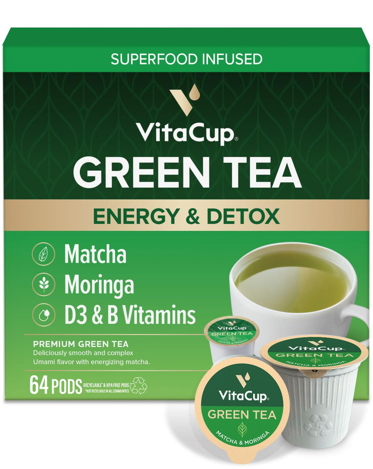 VitaCup Green Tea Pods with Matcha Moringa, 16ct