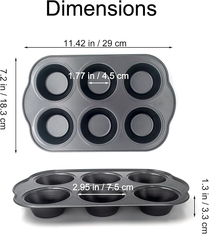 Bakexcel Non-Stick Standard Muffin Pans, 2.95" 6-Cup Set of 2 Baking Pans, Heavy Duty Carbon Steel Tins for Standard Muffins & Cupcakes
