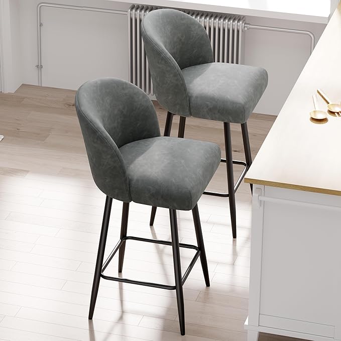Counter Height Bar Stools Set of 2,360° Swivel Barstools with High Back and Metal Legs,26" Seat Height, Upholstered PU Leather Bar Chairs for Kitchen Island, Dining Room,Cafes,Grey