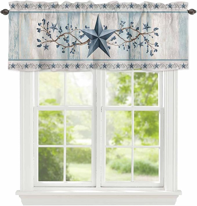 Blue Texas Star Valances for Windows, Vintage Star Berry Blue Beige Wood Grain