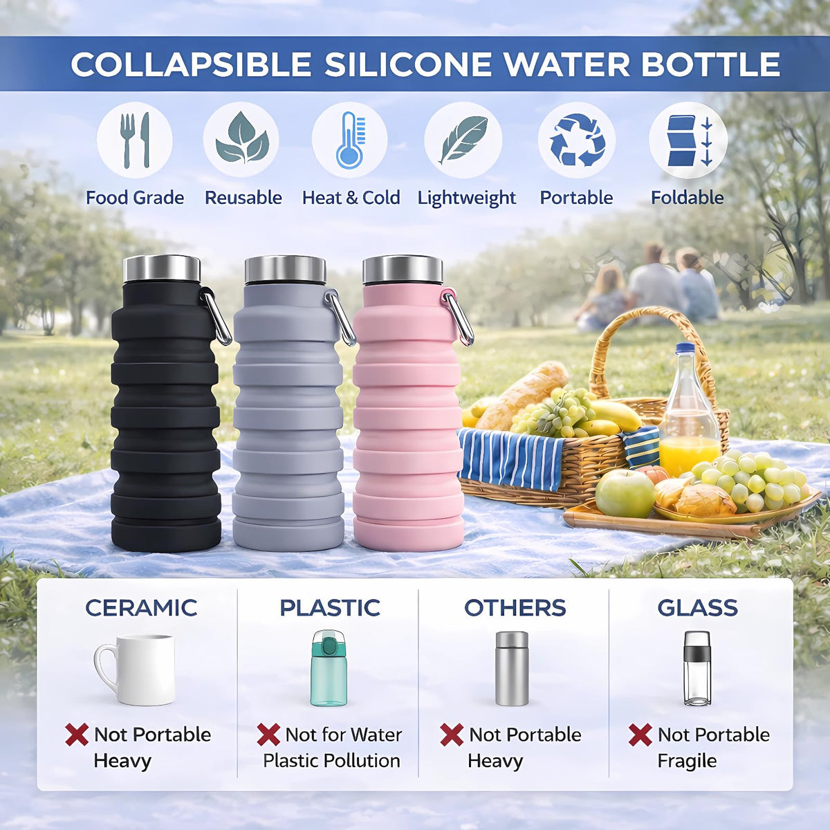 Tundoro Collapsible Water Bottles,Silicone Water Bottle,16oz Capacity Portable Reusable,Leak-proof,with buckle,foldable storage,Lightweight Durable for Fitness,Cycling,Sports,Camping,Hiking (Grey)