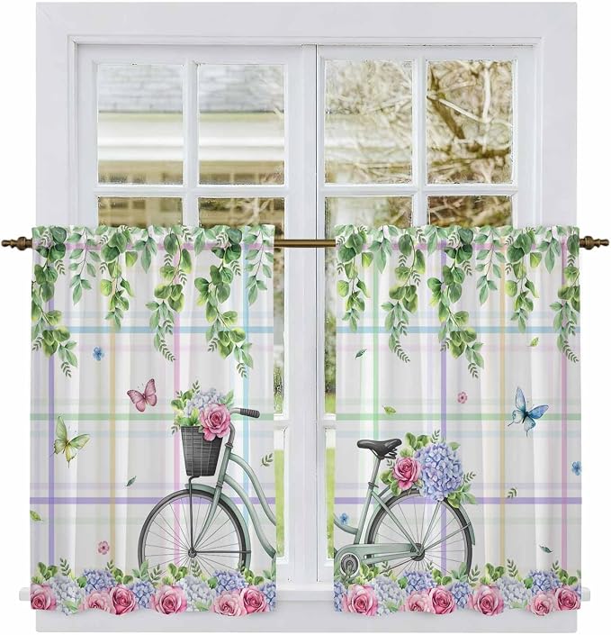 Spring Tier Curtains, Bicycles Botanical Leaves Rose Colorful Stripes Light