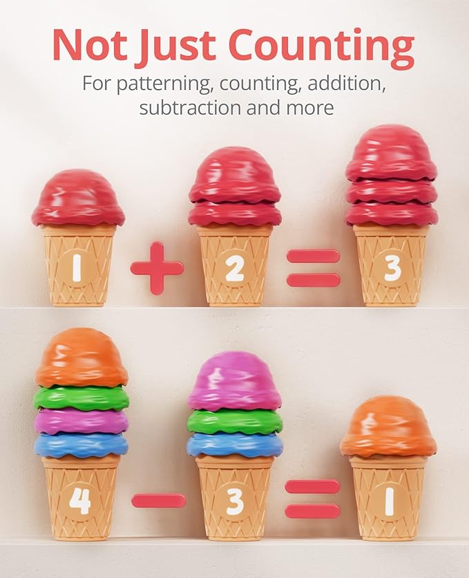 JoyCat Ice Cream Preschool Learning Activities Counting and Color Sorting Set Stacking Toys for Kids 3-5, Educational Fine Motor Skills Toys, 65PCS Math Manipulatives, Easter Basket Stuffers