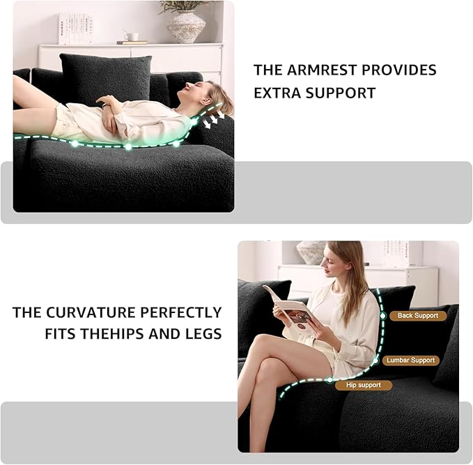 Black U-Shaped Cloud Couch with 2 Ottomans, Modern Teddy Fabric Boneless Sectional Sofa in a Box for Living Room, Modular Floor Couch, Deep Seat, No Assembly Required, Sofas para Sala