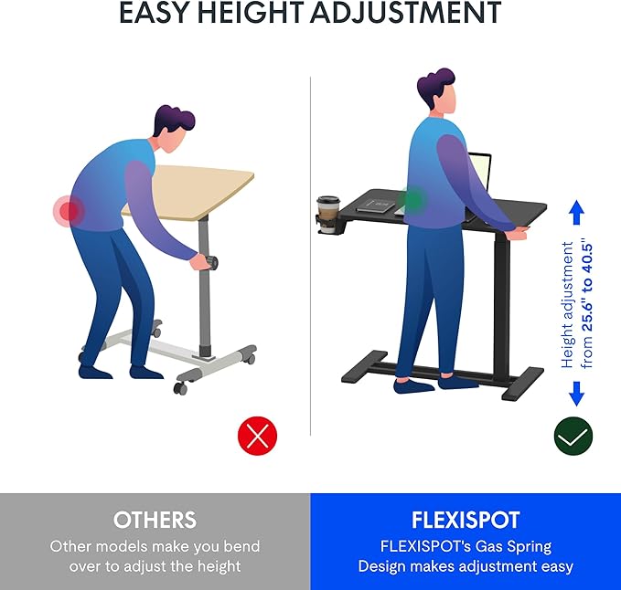 FLEXISPOT Mobile Standing Desk with Wheels Pneumatic Laptop Desk Rolling Computer Cart Movable Height Adjustable Small Sit Stand Workstation Home Use (31.5" W x 17.7" D, Black)