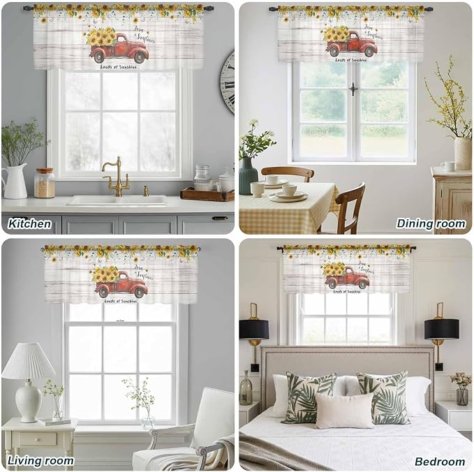 Farmhouses Sunflowers Sheer Valance Curtains, Retro Floral Leaves Red Truck