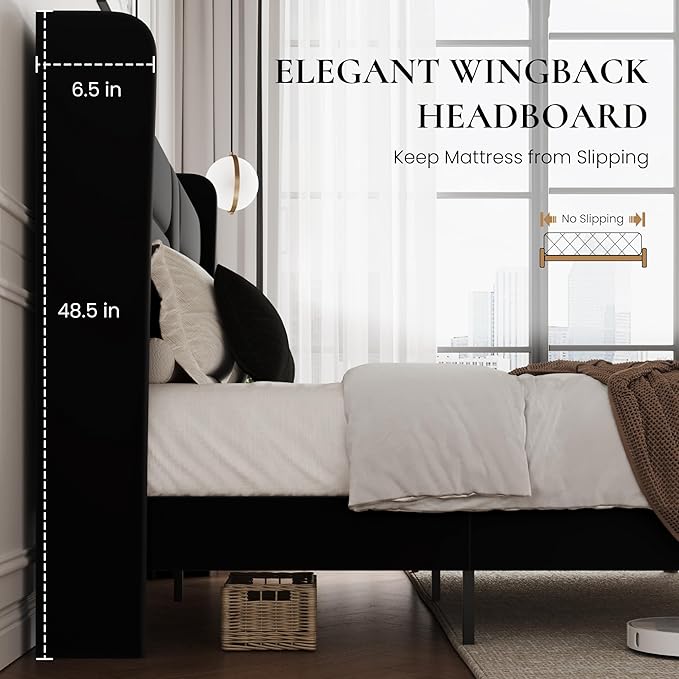SHA CERLIN King Size Bed Frame with Charging Station & Storage Headboard, Velvet Platform Bed with Upholstered Modern Wingback Design, Wooden Slats Support, No Box Spring Needed, Easy Assembly, Black