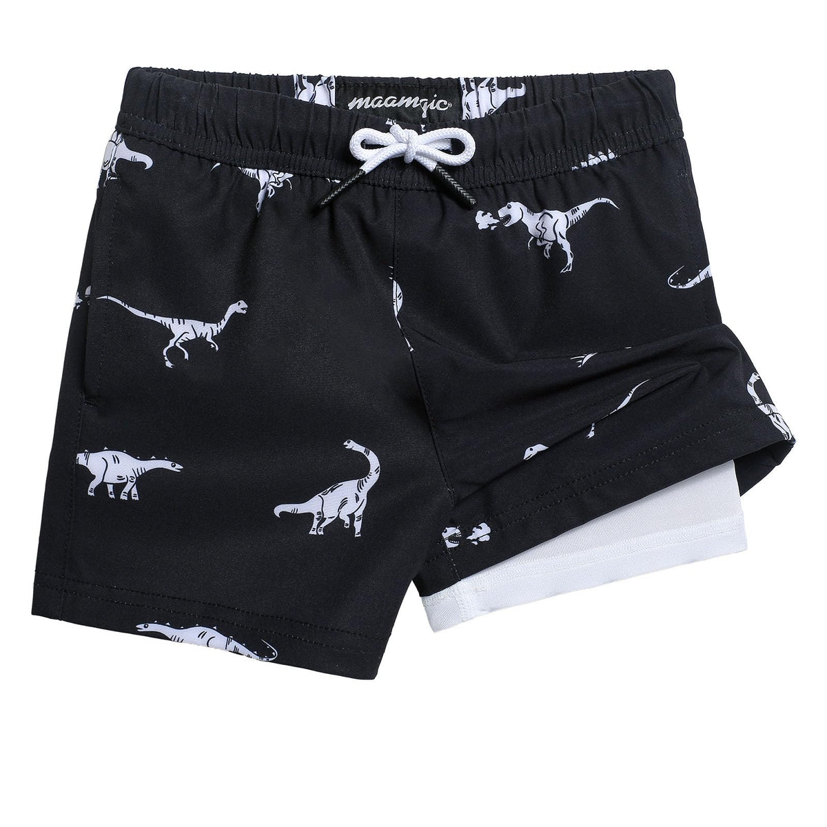 maamgic Boys Swim Trunks with Compression Liner 4-Way Stretch Quick Dry Swim Shorts Swimming Trunks Toddler Boy Dinosaur Black 7 Years