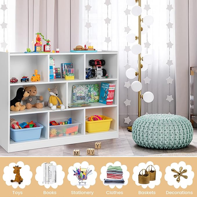 NAFORT 8-Cube Organizer Storage Cabinet, 3-Tier Bookshelf,Low Displaycase, Wooden Bookcase for Bedroom/Preschook/Classroom/Office, White