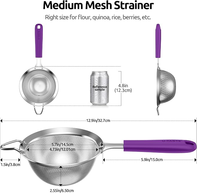 U-Taste Medium Fine Mesh Strainer: 18/8 Stainless Steel 4.73in 30 Mesh Kitchen