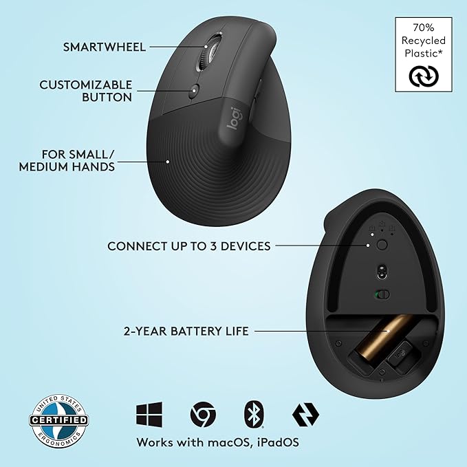 Logitech Lift Left Vertical Ergonomic Mouse, Left-Handed, Wireless, Bluetooth or Logi Bolt USB, Quiet clicks, 4 Buttons, Compatible with Windows/macOS/iPadOS, Laptop, PC - Graphite