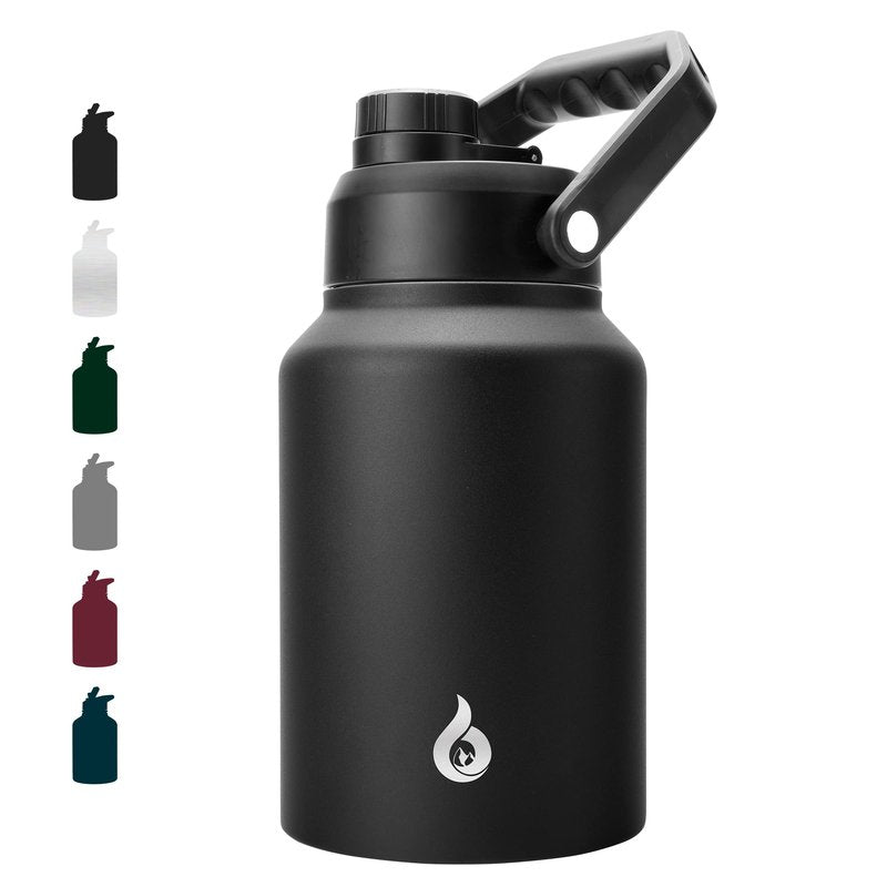 BJPKPK 64 oz Insulated Water Bottle, Dishwasher Safe Half Gallon Water Bottle with Ergonomic Handle, BPA Free Leak Proof Water Jug for Sports, Metal Jug with Anti-slip Bottom, Black