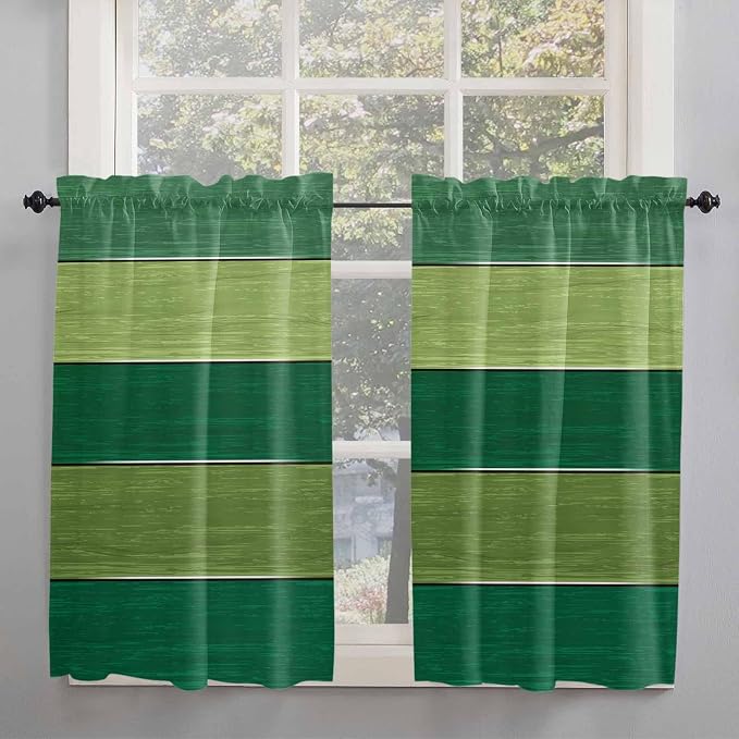 Farm Retro Green Wood Grain Window Valance Curtains, Rustic Wooden Plank