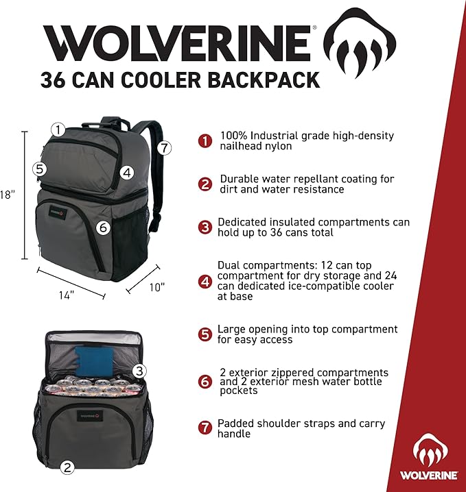 Wolverine 36 Can Cooler Backpack with Durable Nailhead Nylon, Dual Compartment Cooler & Dry Storage, Padded Mesh Back Panel, & Exterior Water Bottle Pockets