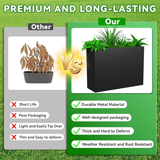 Tall Metal Planter Box, 30" L x 10" W x 24" H Large Outdoor Planters with Drainage & Adjustable Shelf, Heavy Duty Steel Rectangular Planter for Patio, Balcony, Indoor(Black)