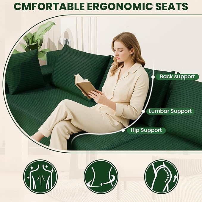 LEVELEVE 107" Cloud Sectional Couch with Deep Seat，Modern Modular Sofa with L-Shape Chaise，No Assembly Required, Upholstered Couches for Living Room Bedroom(Green,Right Facing Chaise)