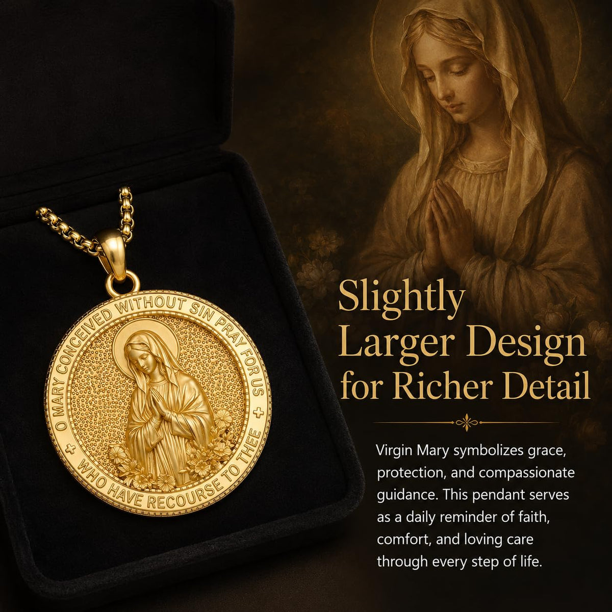 Taioiat 14K Gold Virgin Mary Medal Pendant Necklace Charm for Men