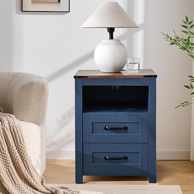 Farmhouse Night Stand Set of 2, Rustic Blue Nightstand for Bedroom, End Tables Without Charging Station, Bedside Table with Drawers, Wood Bedside Cabinet Dresser