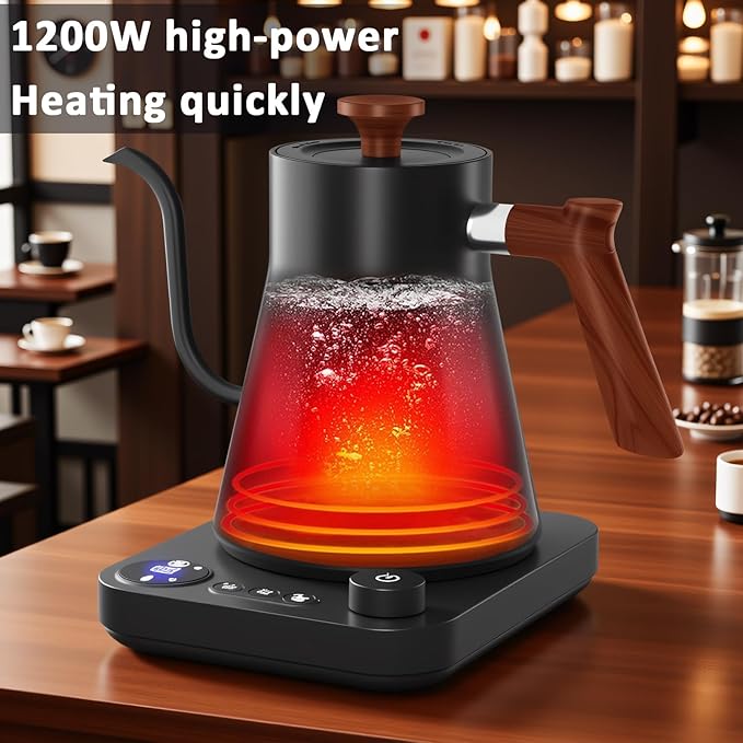 Smart Digital Electric Kettle with Variable Temperature Control, Stainless Steel Inner, 1200W Quick Heating Gooseneck Electric Kettles, Stylish Matte Finish for Coffee & Hot Beverages, 0.9L (Black)