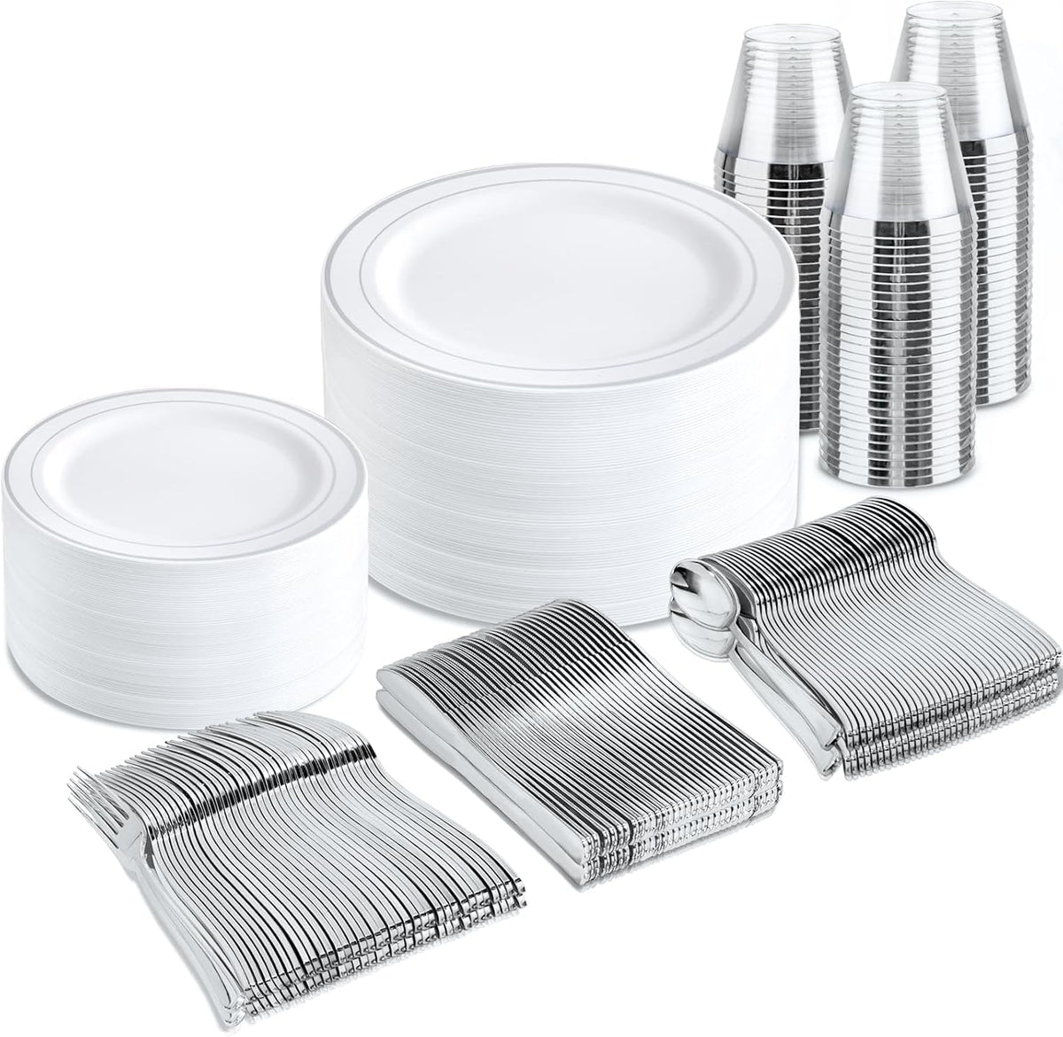 bUCLA 600PCS Clear Rose Gold Plastic Dinnerware Set Disposable - Include 100 Dinner Plates, 100 Dessert Plates, 100 Knives, 100 Forks, 100 Spoons, 100 Cups for Party & Wedding