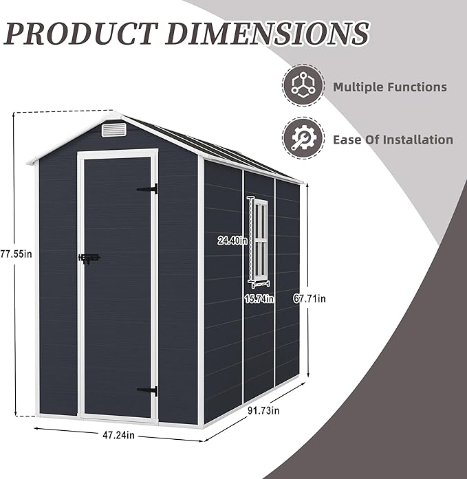 8x4 FT Outdoor Storage Resin Shed with Floor,Waterproof Plastic Garden Bike Shed with Lockable Door, Sloped Roof, Vents & Windows, Easy Assembly Tool Shed for Lawn, Backyard, Patio, Black