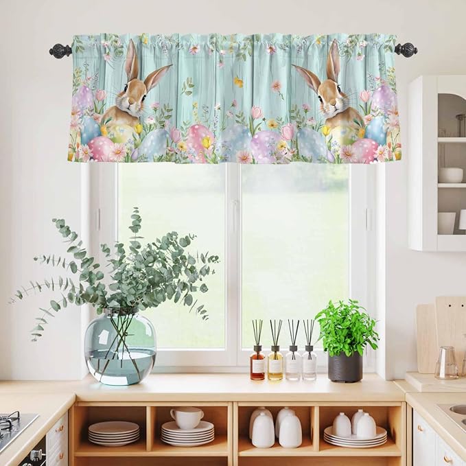 Kitchen Curtains Tiers and Valance Set of 3, Easter Light Filtering Window