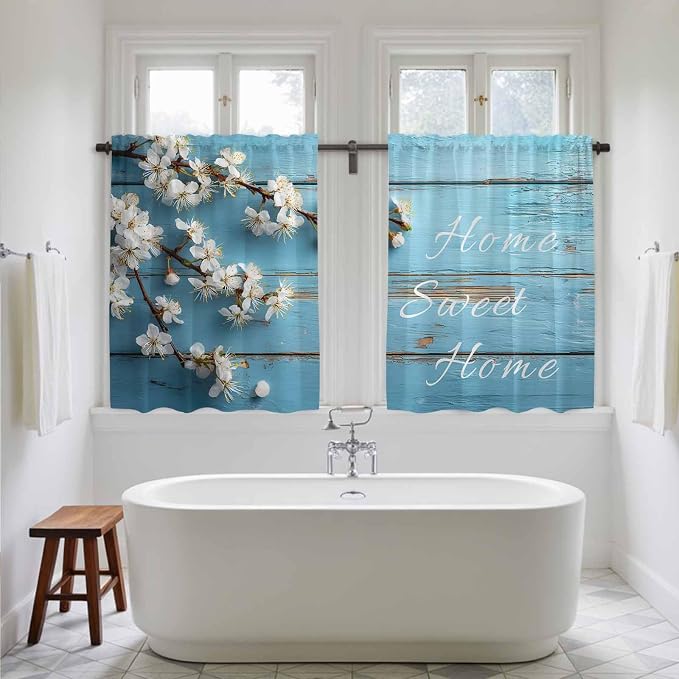 Farmhouse Wooden Grain Kitchen Curtains, Vintage Shabby Chic Flower Blue Light